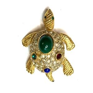 Vintage Turtle Gold Plated Multi Colored Rhinestone Brooch Sphinx A2165 Estate
